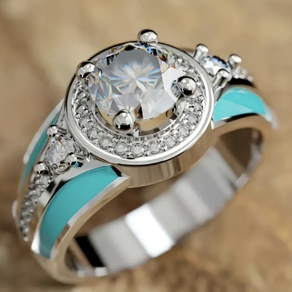 New Turquoise Simulant Inlay CZ Halo Ring Silver Tone Engagement Ring, T2B3A